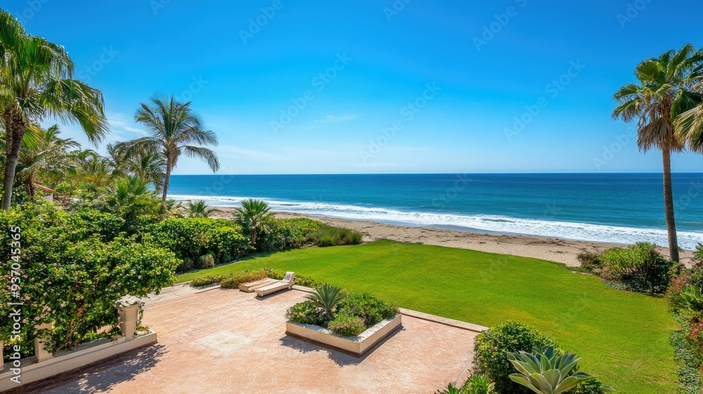 Naklejka premium Beautiful beachfront property with a private garden and ocean view, offering an inviting setting with copy space.