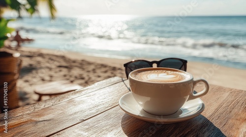 Coffee break at a beach cafe with a latte and sunglasses on a wooden table, overlooking the ocean.