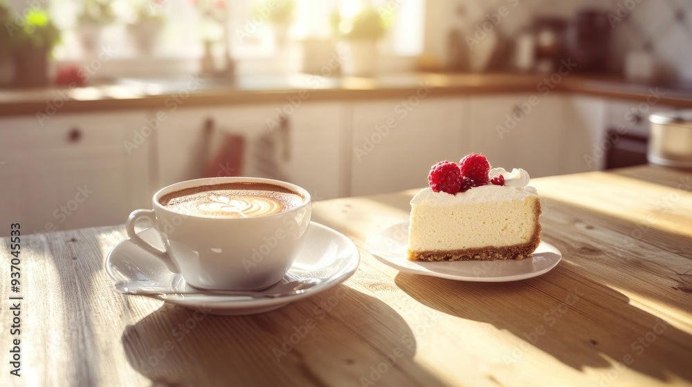 Coffee break with a cup of espresso and a slice of cheesecake on a wooden table in a sunlit kitchen. Coffee break with a cup of espresso and a slice of cheesecake on a wooden table in a sunlit kitchen.