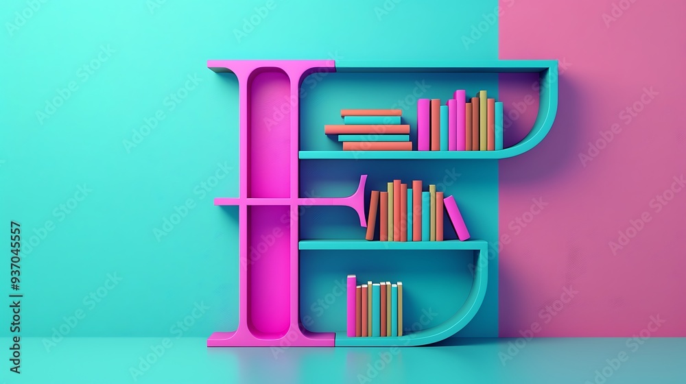 Letter F in the form of shelves with books on teal and magenta background Letter F in the form of shelves with books on teal and magenta background