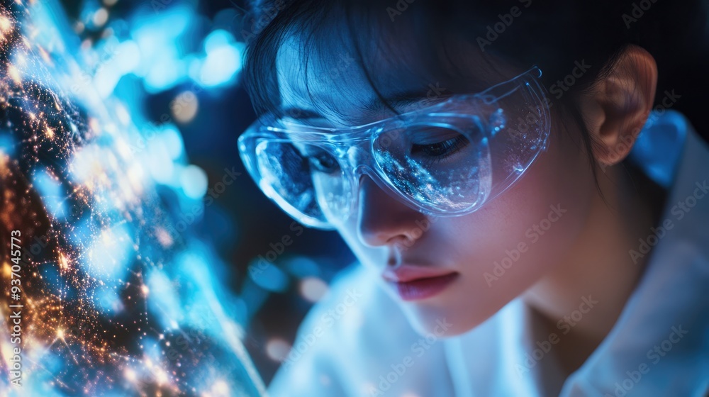 Woman with Goggles Looking at a Computer Screen Woman with Goggles Looking at a Computer Screen