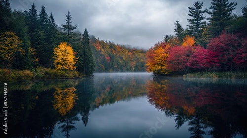 Dark autumn sky over a still, reflective lake, with colorful trees and fog drifting over the water.