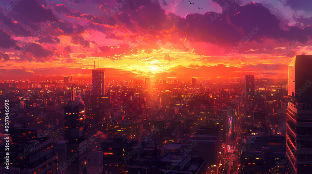 Fototapeta premium Cozy Sunset Cityscape in Anime Manga Art Style with Stunning Sky and Clouds