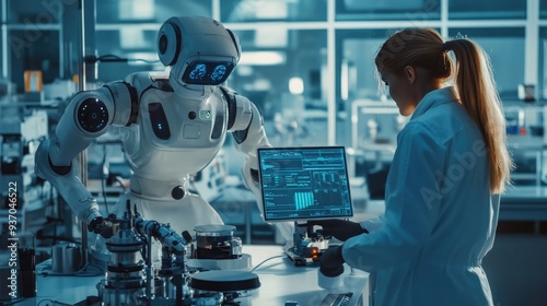 Engineers testing a prototype robot in a lab, with data being displayed on monitors and equipment surrounding them.