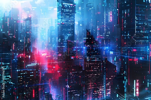 Cyberpunk-inspired cityscape with neon-lit skyscrapers and towering structures, reflecting the bustling urban life and technological advancement of modern China