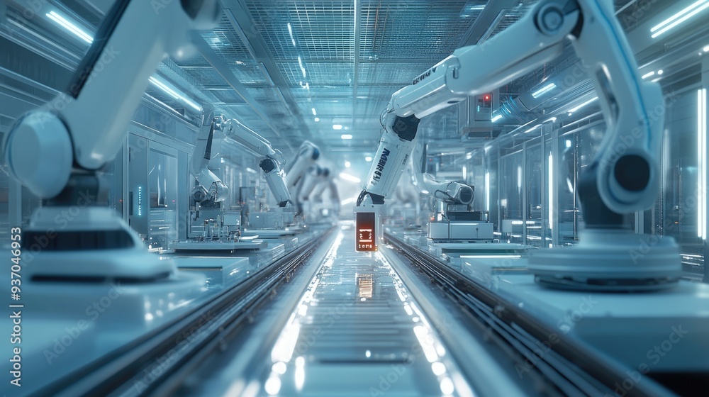 High-tech factory with automated robotic systems working seamlessly to produce electronic devices. High-tech factory with automated robotic systems working seamlessly to produce electronic devices.