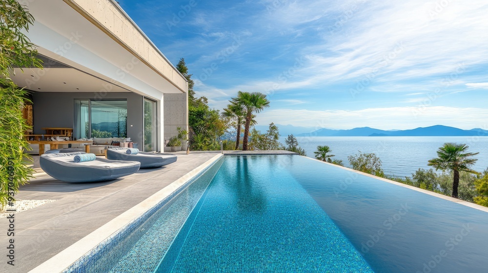 Fototapeta premium Luxury European beach villa with a private pool and stunning sea views, offering a relaxing setting with copy space.