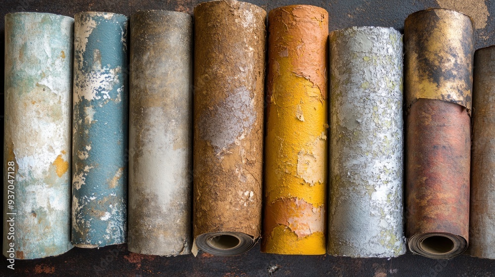 Various wallpaper rolls. Different textures and colors , ai