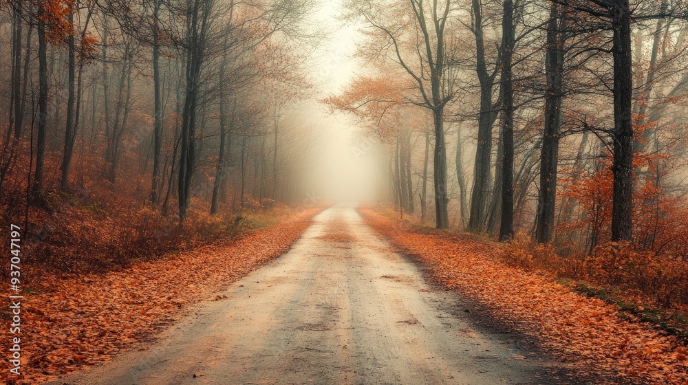 Obraz premium Lonely autumn road disappearing into the fog, with leafless trees lining the edges and a sense of solitude.