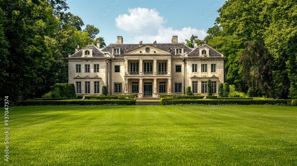 Stunning mansion with a grand facade and expansive front lawn, offering a serene setting for text overlay. Stunning mansion with a grand facade and expansive front lawn, offering a serene setting for text overlay.