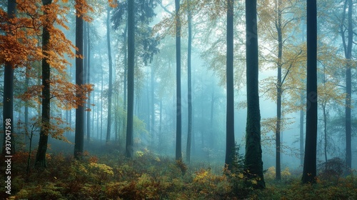 Misty autumn morning in a dense forest, with tall trees fading into the fog and a sense of stillness.