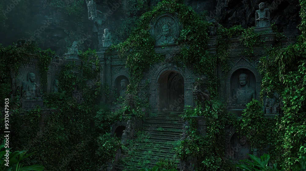 Ancient Stone Temple Ruins Overgrown With Lush Greenery Ancient Stone Temple Ruins Overgrown With Lush Greenery