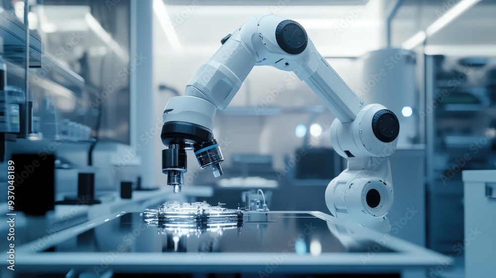 Robotic arm in a cleanroom environment, assembling medical devices with high precision and cleanliness. Robotic arm in a cleanroom environment, assembling medical devices with high precision and cleanliness.