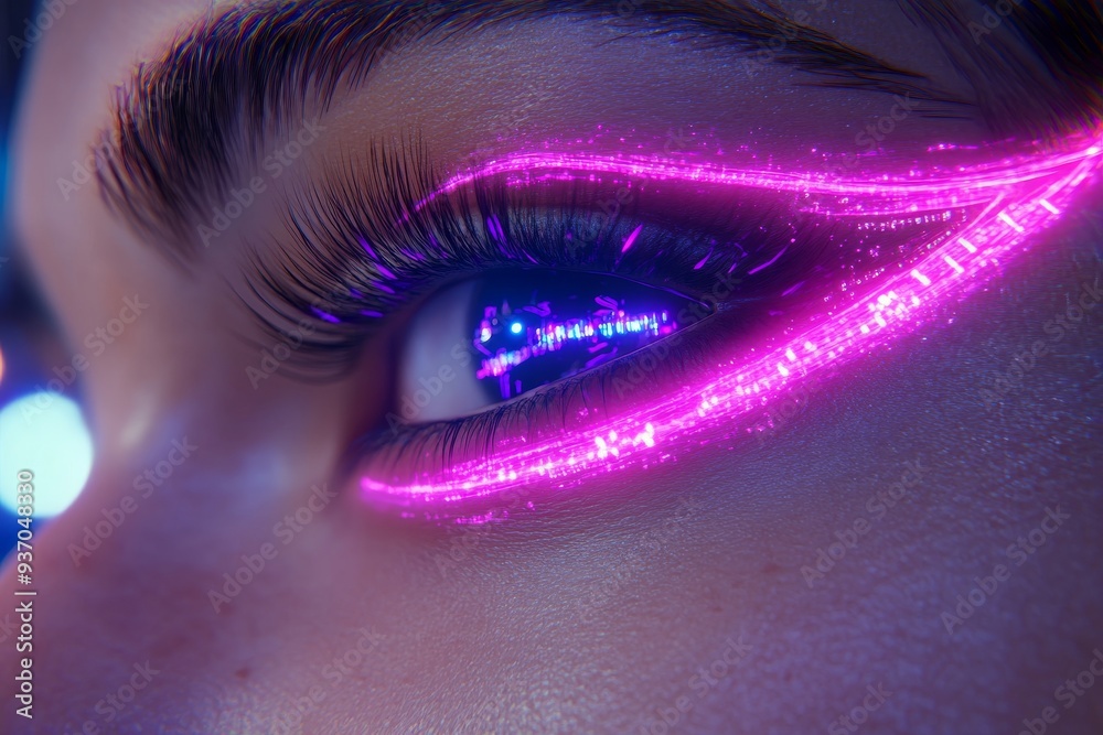 A close up of a womans eye with vibrant glowing neon makeup symbolizing the fusion of beauty and digital technology in a futuristic high tech world A close up of a womans eye with vibrant glowing neon makeup symbolizing the fusion of beauty and digital technology in a futuristic high tech world