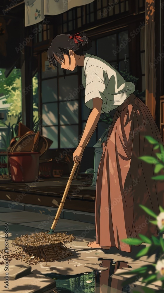 An anime mother is focused on sweeping the floor of her beautiful home, surrounded by a lush garden on a warm afternoon An anime mother is focused on sweeping the floor of her beautiful home, surrounded by a lush garden on a warm afternoon
