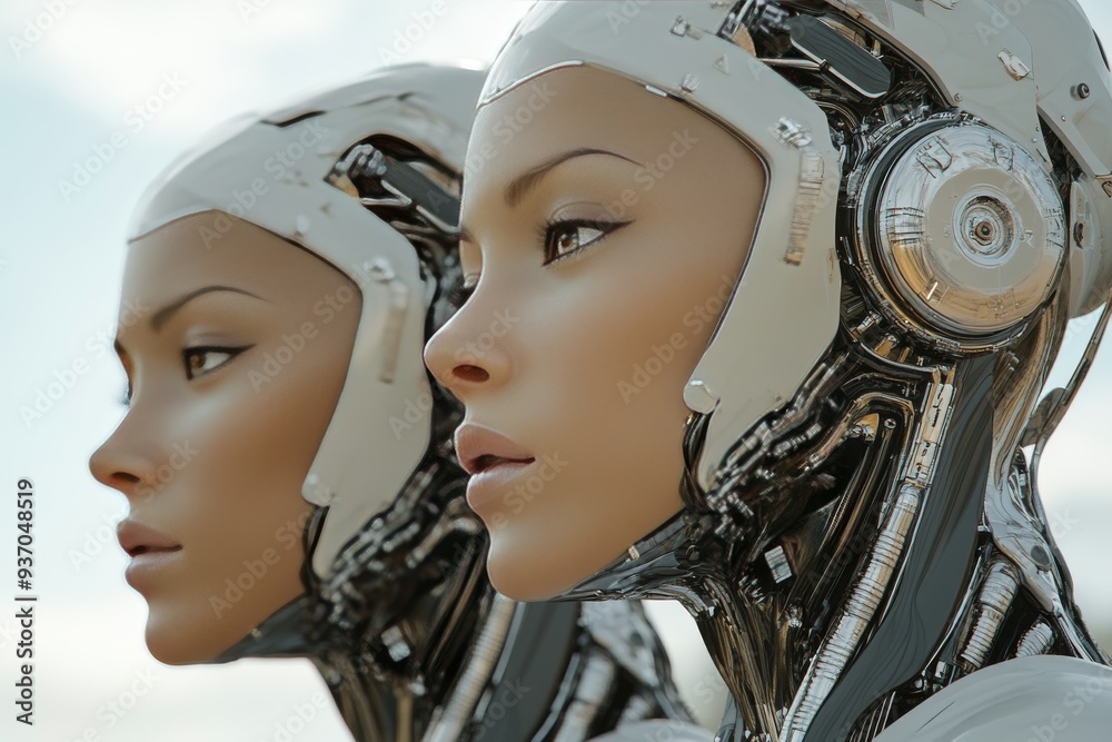 Two female humanoid robots stand side by side embodying the precision and elegance of artificial intelligence in a futuristic high tech world Two female humanoid robots stand side by side embodying the precision and elegance of artificial intelligence in a futuristic high tech world