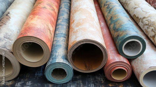 Various wallpaper rolls. Different textures and colors , ai