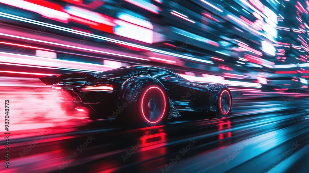 Futuristic Black Sports Car Driving at Night with Neon Lights and Motion Blur Futuristic Black Sports Car Driving at Night with Neon Lights and Motion Blur