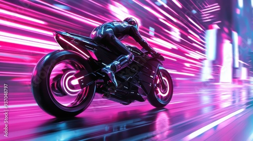 Futuristic Motorcycle Rider in Neon Cityscape photo