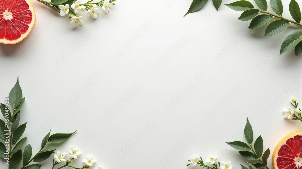 Fresh Grapefruit and Green Leaves Frame with White Flowers on Light Background - Clean and Minimalistic Layout Fresh Grapefruit and Green Leaves Frame with White Flowers on Light Background - Clean and Minimalistic Layout