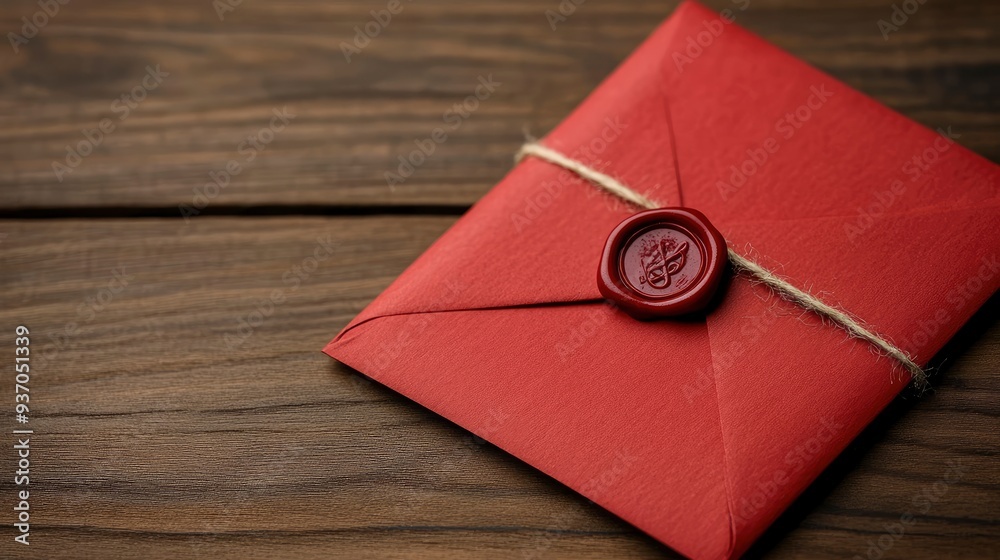 Red Envelope with Wax Seal on Wooden Background Red Envelope with Wax Seal on Wooden Background