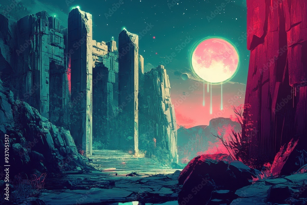 Obraz premium Ancient Stone Ruins Under a Glowing Pink Moon