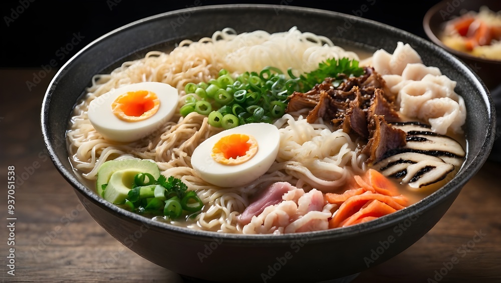A bowl of Steaming Ramen With Rice Broth, Tender Noodles ,And a Variety of Toppings,By a Restaurent Menu A bowl of Steaming Ramen With Rice Broth, Tender Noodles ,And a Variety of Toppings,By a Restaurent Menu