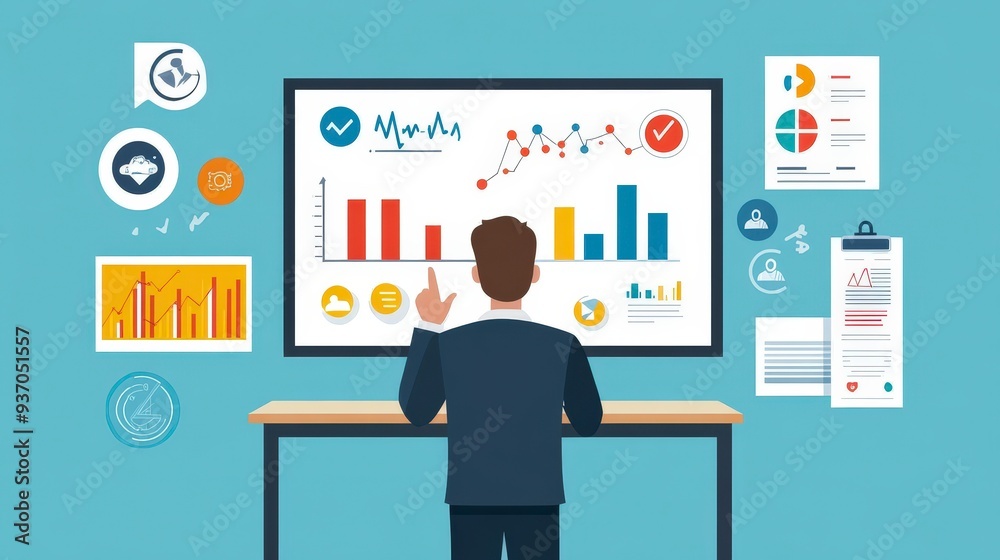 Marketing Manager Crafting Brand Promotion Strategies - Flat Design Illustration with Digital Marketing, Social Media, and Analytics Icons Marketing Manager Crafting Brand Promotion Strategies - Flat Design Illustration with Digital Marketing, Social Media, and Analytics Icons