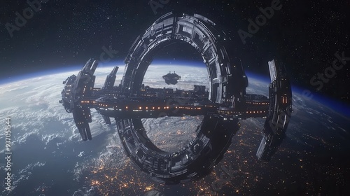 Fototapeta Naklejka Na Ścianę i Meble -  Futuristic Spaceship Orbiting Earth with Stars and City Lights