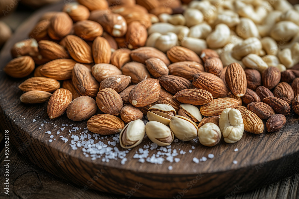 A close-up of an assortment of gourmet nuts arranged on a wooden platter, including almonds, walnuts, cashews, and pistachios, with a sprinkle of sea salt and a rustic backdrop A close-up of an assortment of gourmet nuts arranged on a wooden platter, including almonds, walnuts, cashews, and pistachios, with a sprinkle of sea salt and a rustic backdrop