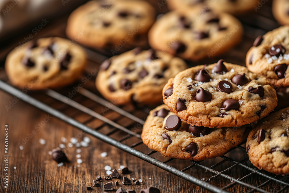 A close-up of freshly baked chocolate chip cookies stacked on a cooling rack, with gooey chocolate chips melting and a sprinkle of sea salt, set against a warm, rustic kitchen background A close-up of freshly baked chocolate chip cookies stacked on a cooling rack, with gooey chocolate chips melting and a sprinkle of sea salt, set against a warm, rustic kitchen background