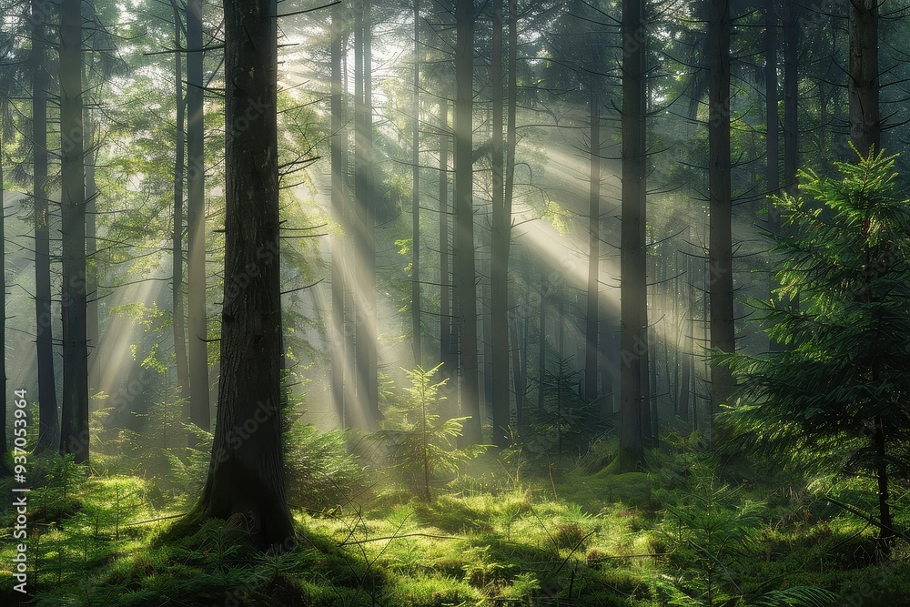 Obraz premium Tranquil Forest Haven with Golden Rays