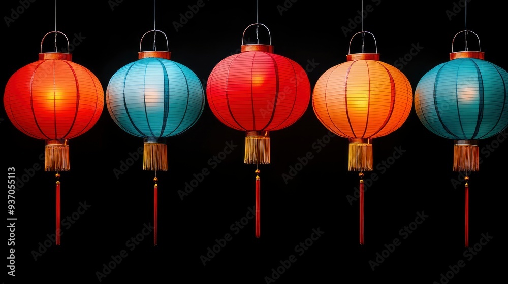 Row of Colorful Lanterns Hanging in the Dark Row of Colorful Lanterns Hanging in the Dark