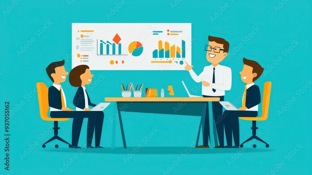 Dynamic Sales Leadership: Motivating Team to Achieve Targets - Flat Design Illustration of Sales Manager Reviewing Charts and Leading Team Meeting Dynamic Sales Leadership: Motivating Team to Achieve Targets - Flat Design Illustration of Sales Manager Reviewing Charts and Leading Team Meeting
