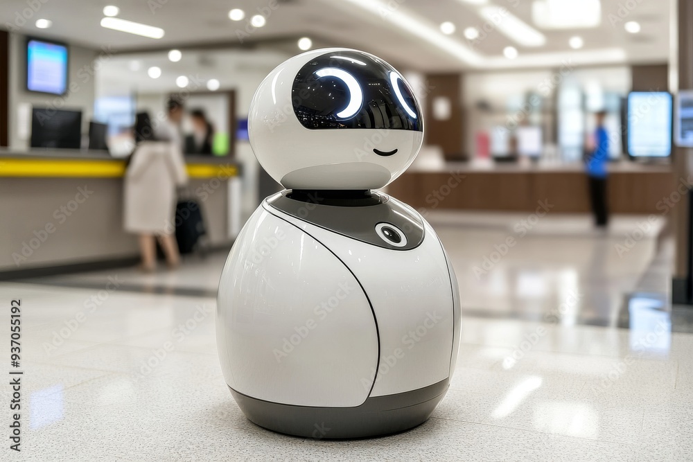A small sleek robot stands in a brightly lit airport terminal symbolizing the integration of artificial intelligence in public spaces and the future of autonomous service technology A small sleek robot stands in a brightly lit airport terminal symbolizing the integration of artificial intelligence in public spaces and the future of autonomous service technology