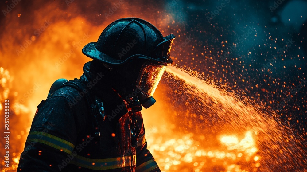 firefighter in full gear battling intense flames from a burning building at night, copy space firefighter in full gear battling intense flames from a burning building at night, copy space