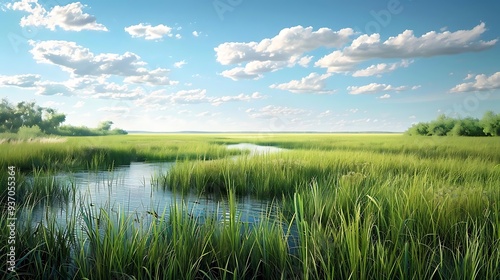 A serene landscape featuring lush green grasses and a calm waterway under a blue sky.