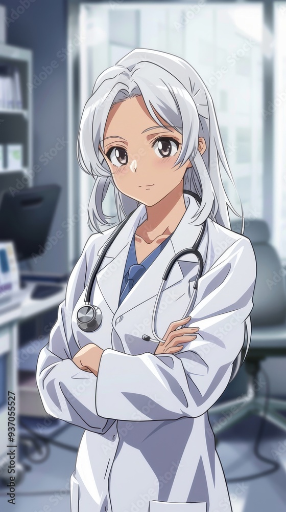 An older anime female doctor stands in her clinic, dressed in workwear with a stethoscope, exuding professionalism and confidence An older anime female doctor stands in her clinic, dressed in workwear with a stethoscope, exuding professionalism and confidence