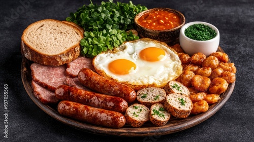 Full English Breakfast Platter with Fried Eggs, Sausage, Bacon, Toast, Baked Beans, and Fried