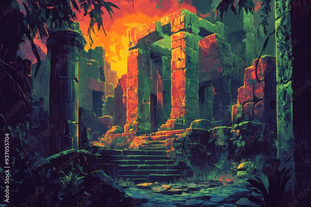 Obraz premium Ancient Stone Ruins Overgrown With Lush Vegetation