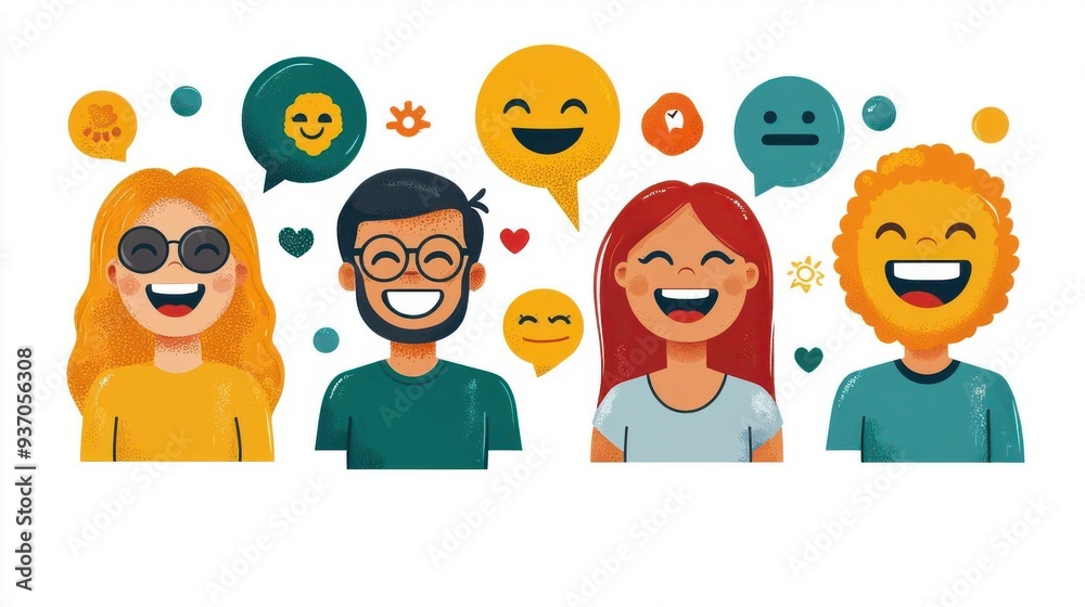A cheerful group of friends expressing happiness with vibrant emojis showcasing joy and friendship in a fun and colorful illustration A cheerful group of friends expressing happiness with vibrant emojis showcasing joy and friendship in a fun and colorful illustration