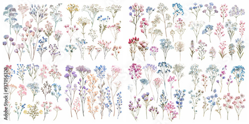 A collection of flowers in various colors and sizes. The flowers are arranged in a way that creates a sense of harmony and balance. Scene is one of tranquility and beauty