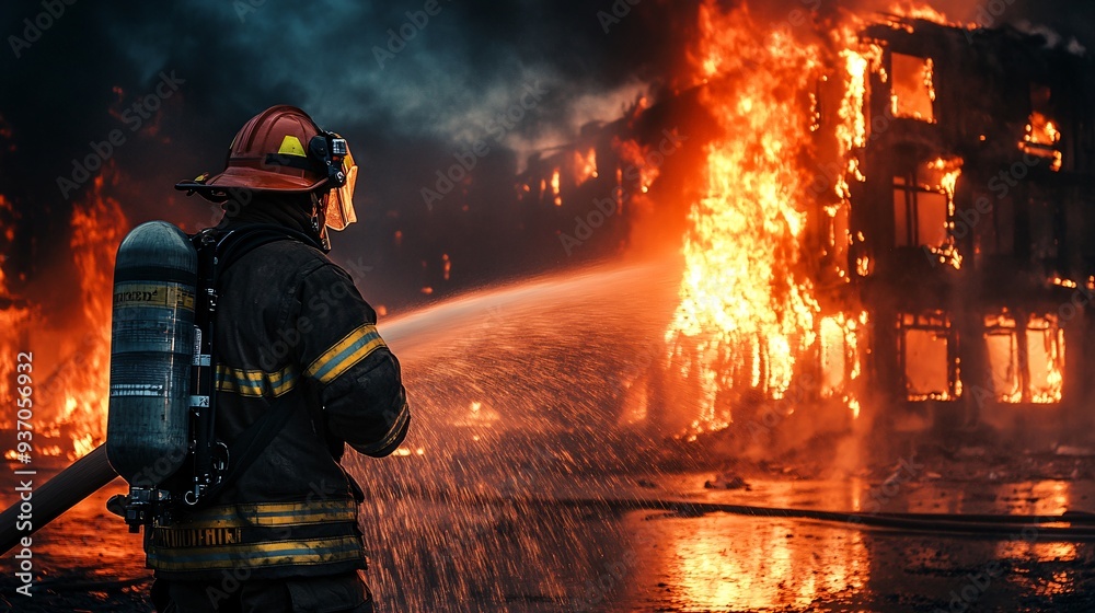 Naklejka premium firefighter in full gear battling intense flames from a burning building at night, copy space 