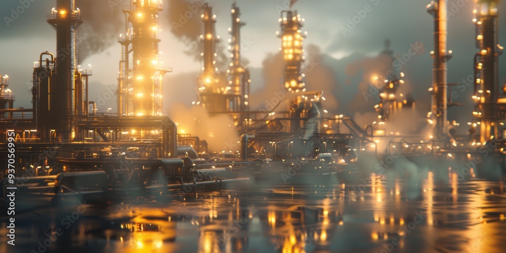 Fototapeta premium Industrial Complex at Night with Reflections in Water