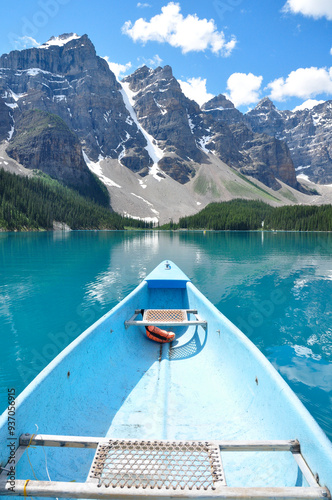 Interior of kayak canoe on Moraine Lake mountains trees reflective blue water canada Banff lake louise