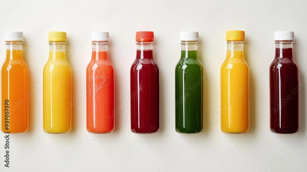 Bottled juices with vibrant hues arranged in a basket filled with ice, surrounded by fresh fruit slices and leaves, giving a refreshing summer feel Bottled juices with vibrant hues arranged in a basket filled with ice, surrounded by fresh fruit slices and leaves, giving a refreshing summer feel