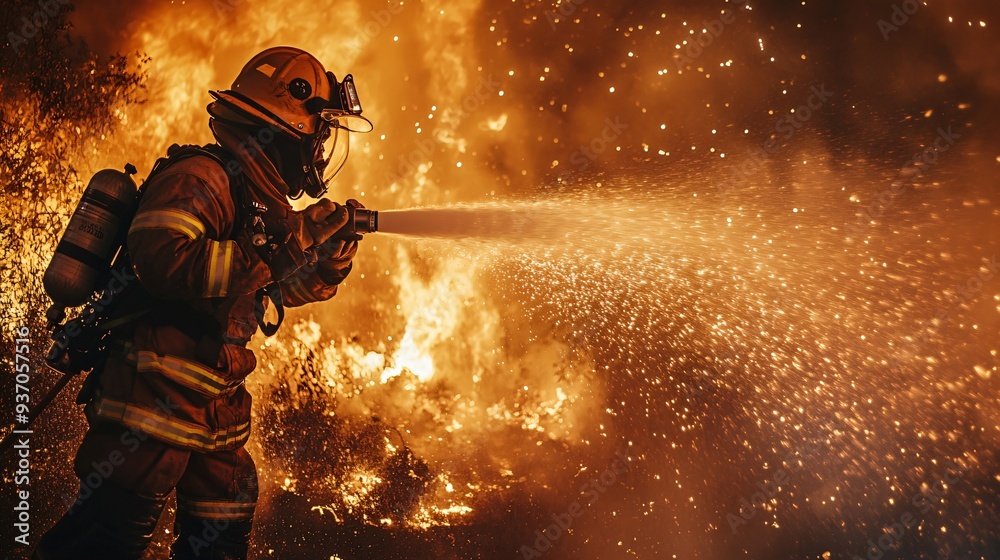 firefighter in full gear battling intense flames from a burning building at night, copy space firefighter in full gear battling intense flames from a burning building at night, copy space