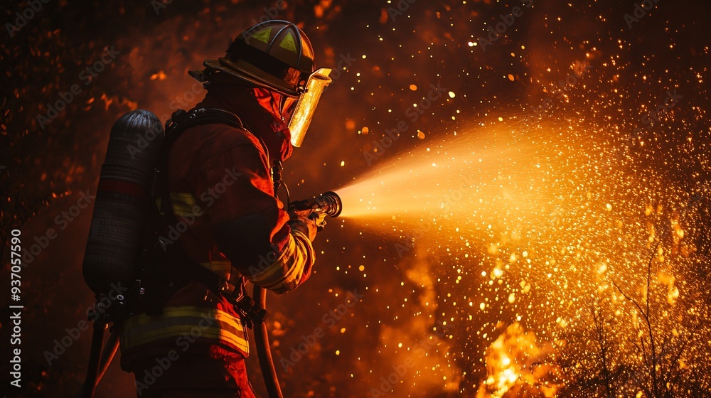 firefighter in full gear battling intense flames from a burning building at night, copy space firefighter in full gear battling intense flames from a burning building at night, copy space