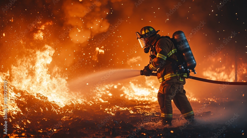 firefighter in full gear battling intense flames from a burning building at night, copy space firefighter in full gear battling intense flames from a burning building at night, copy space