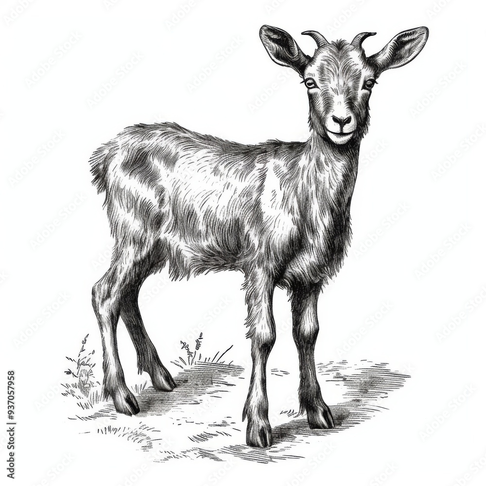 Obraz premium Detailed Illustration of a Goat in Black and White, Perfect for Farm Animal Graphics and Educational Materials